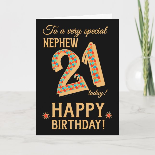 Tarjeta Cumpleaños 21, para el sobrino, efecto de oro en e (Anverso)