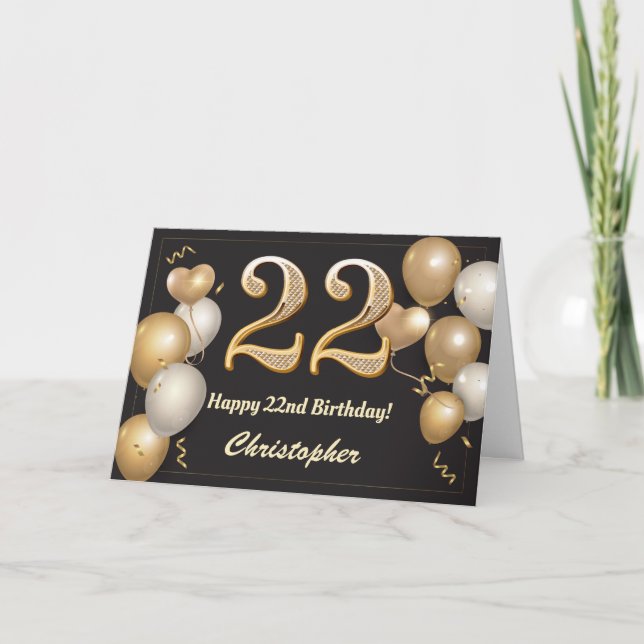Tarjeta Cumpleaños 22 de los Globos Negro y Oro (Anverso)