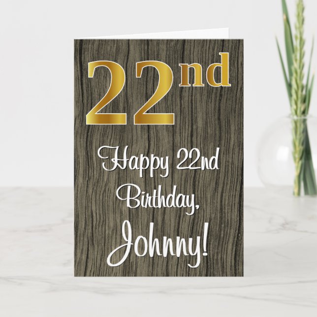Tarjeta Cumpleaños 22: Elegante Faux Gold Look #, Madera F (Anverso)