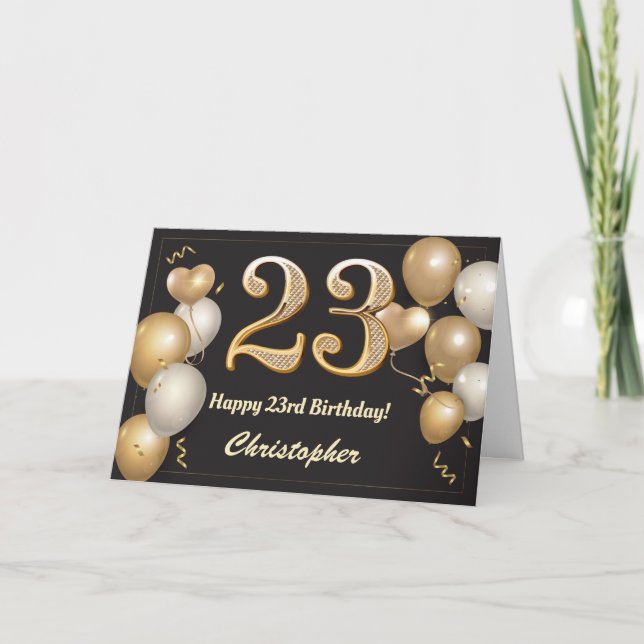 Tarjeta Cumpleaños 23 de los Globos Negro y Oro (Anverso)