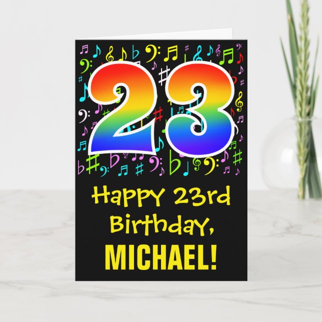Tarjeta Cumpleaños 23: Símbolos musicales coloridos + Arco (Anverso)