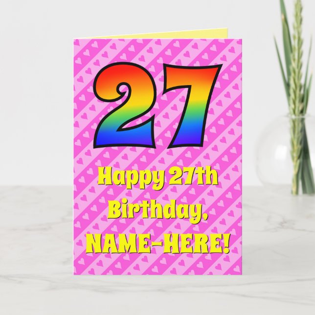 Tarjeta Cumpleaños 27: Rayas y corazones rosados, Arcoiris (Anverso)