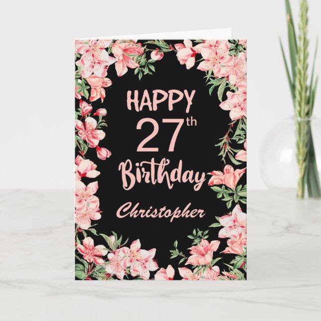 Tarjeta Cumpleaños 27 Rosa Floral Acuarela Negro (Anverso)