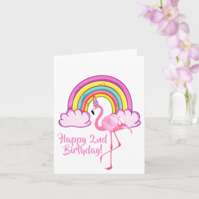 Tarjeta Cumpleaños 2 de Unicornio Flamingo Magico Arcoiris (Orquídea)