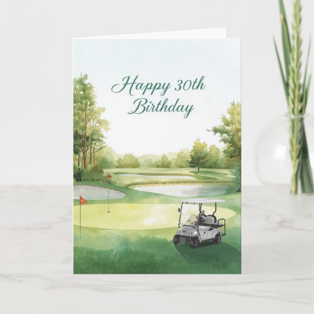 Tarjeta Cumpleaños 30 de Golf con carrito de golf en verde (Anverso)