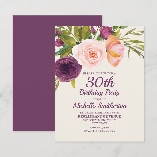 Tarjeta Cumpleaños 30 de mujer con flores rosadas y púrpur (Anverso / Reverso)