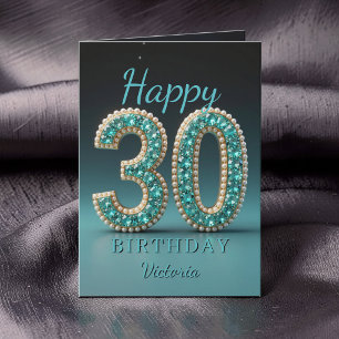 Tarjeta Cumpleaños 30 glamuroso con perla de color azul ve
