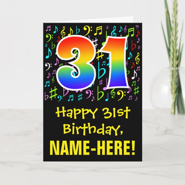 Tarjeta Cumpleaños 31: Símbolos musicales coloridos + Arco (Anverso)