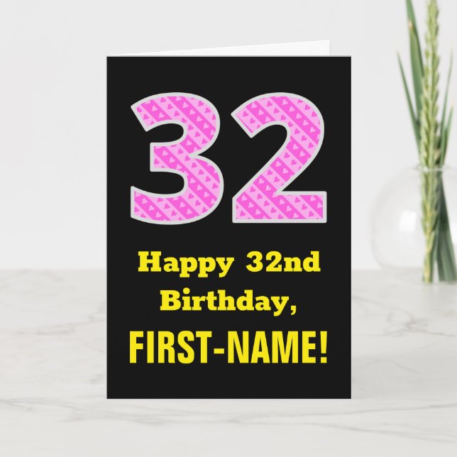 Tarjeta Cumpleaños 32: Bandas rosas y corazones "32" + Nom (Anverso)