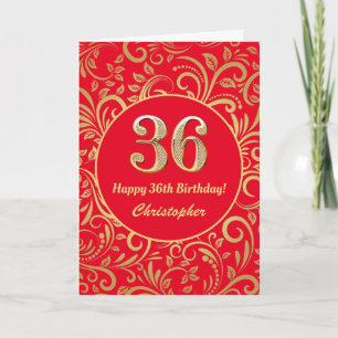 Tarjeta Cumpleaños 36 Rojo y Dorado Patrón Floral