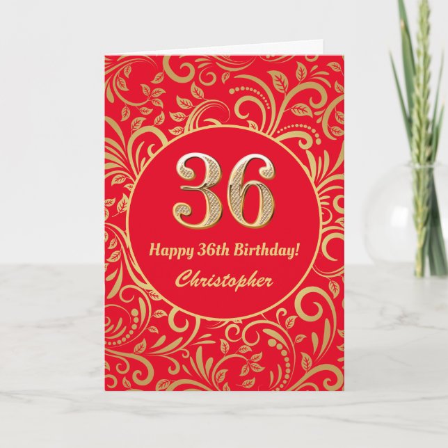 Tarjeta Cumpleaños 36 Rojo y Dorado Patrón Floral (Anverso)