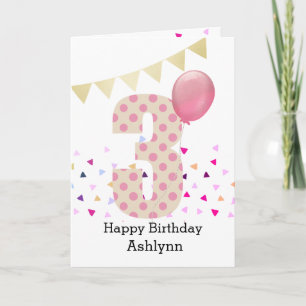Tarjeta Cumpleaños 3 Confeti Rosa Lunares