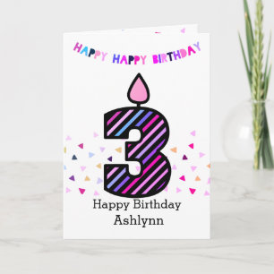 Tarjeta Cumpleaños 3 de color rosa y púrpura