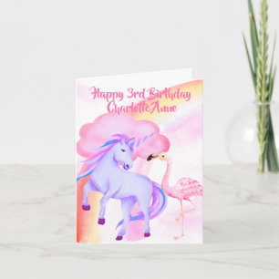 Tarjeta Cumpleaños 3 de niñas Unicornio Arcoíris Flamenco