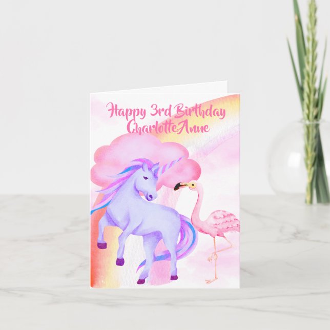 Tarjeta Cumpleaños 3 de niñas Unicornio Arcoíris Flamenco (Anverso)