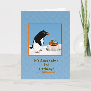 Tarjeta Cumpleaños, 3, penquín y torta