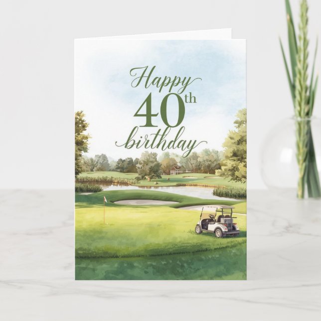 Tarjeta Cumpleaños 40 de Golf con carrito de golf en verde (Anverso)