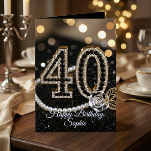 Tarjeta Cumpleaños 40 Elegante Negro Oro Diamantes Perlas