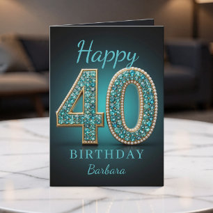 Tarjeta Cumpleaños 40 Glam Teal Pearl Diamond Felicitación