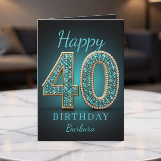 Tarjeta Cumpleaños 40 Glam Teal Pearl Diamond Felicitación