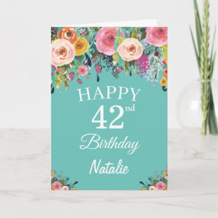 Tarjeta Cumpleaños 42 Aquarela Floral Flores Azul Turquesa