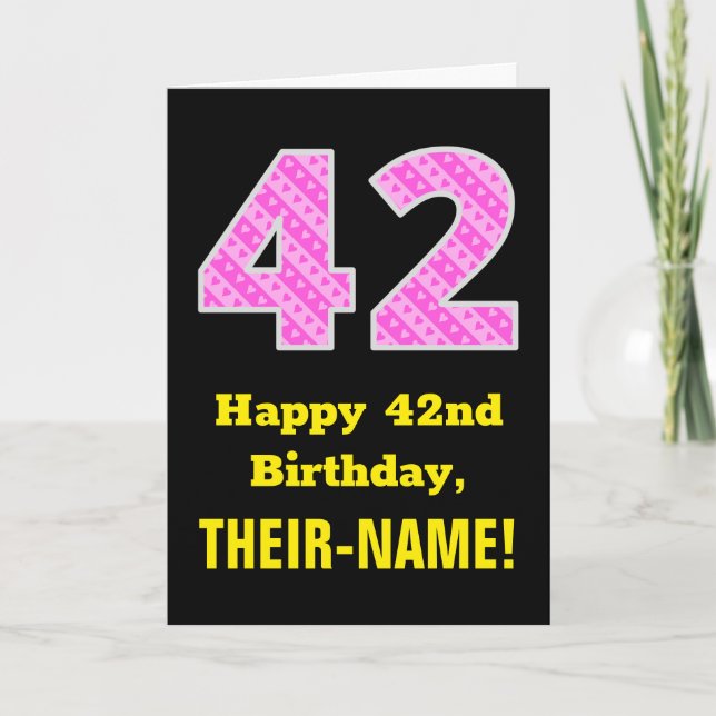 Tarjeta Cumpleaños 42: Bandas rosas y corazones "42" + Nom (Anverso)