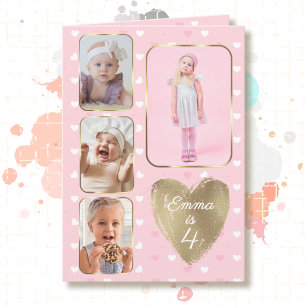 Tarjeta Cumpleaños 4 Collage de 4 fotos Corazones Rosa Dor