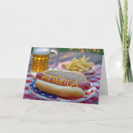Tarjeta Cumpleaños 4 de julio Perro caliente con cerveza
