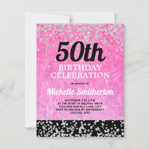 Tarjeta Cumpleaños 50 Adulto Rosa Negro Plata Brillante