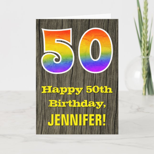 Tarjeta Cumpleaños 50: Aspecto de madera rústica falsa, "5 (Anverso)
