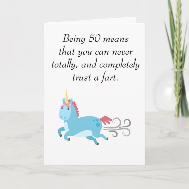 Tarjeta Cumpleaños 50 de Unicornio Confía en un Pedo Humor (Anverso)