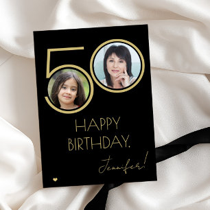 Tarjeta cumpleaños 50 dorado negro foto elegante saludo