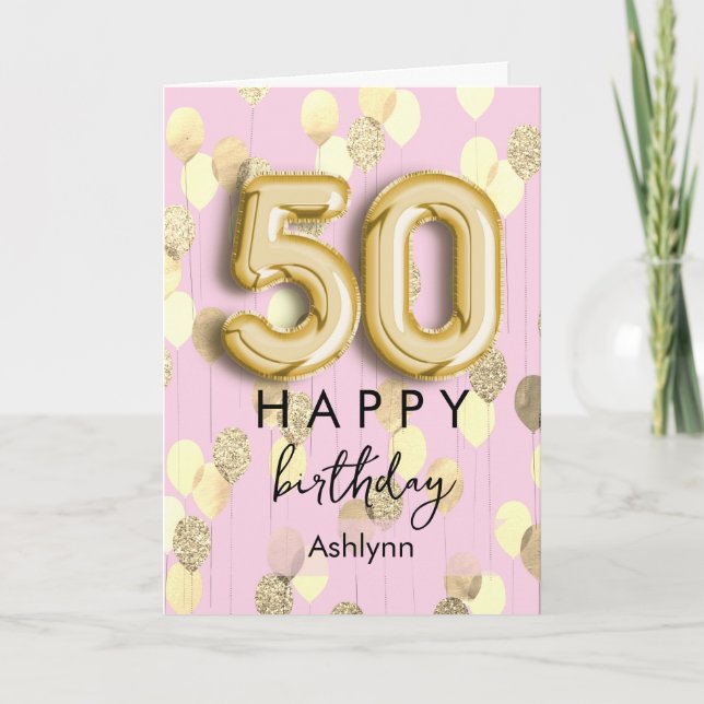 Tarjeta Cumpleaños 50 Moderno en Rosa y Oro (Anverso)