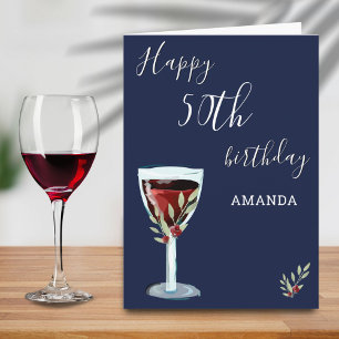 Tarjeta Cumpleaños 50 Rojo Vino Rosa Acuarela Azul Marino