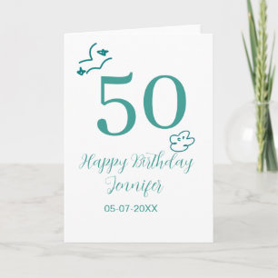 Tarjeta cumpleaños 50 turquesa nombre nubes dibujadas a ma