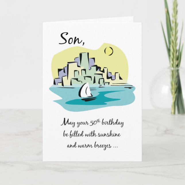 Tarjeta Cumpleaños 50 Velero Cerca de la Ciudad (Anverso)