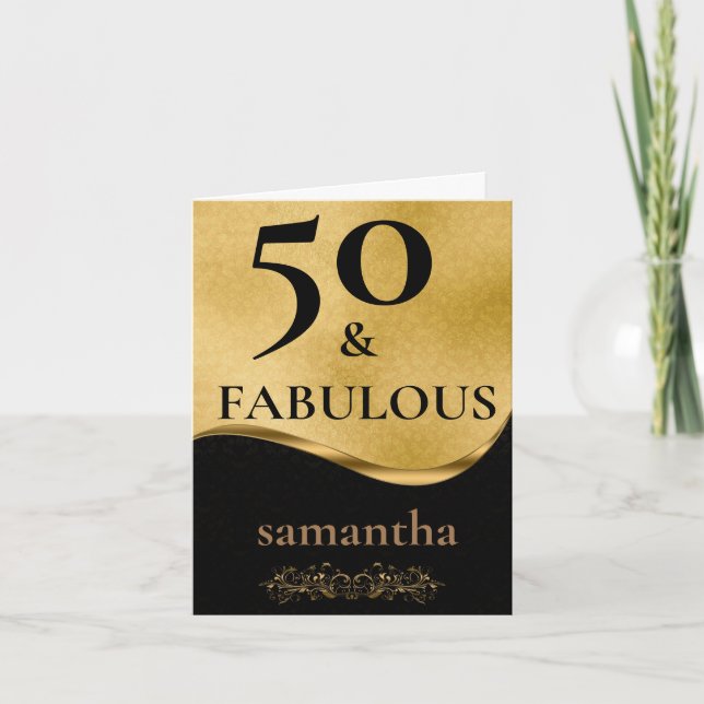 Tarjeta Cumpleaños 50 y Fabuloso Brillante de Oro y Negro (Anverso)