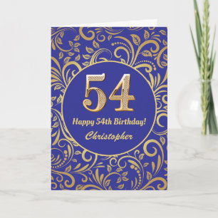 Tarjeta Cumpleaños 54 Navy Azul y Patrón Floral Dorado