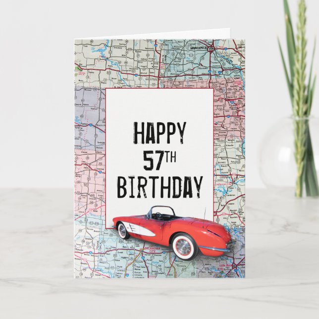 Tarjeta Cumpleaños 57 Retro Corvette en Mapa (Anverso)