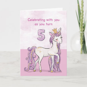 Tarjeta Cumpleaños 5 caballo rosa con corona