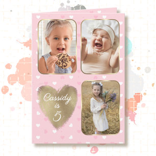 Tarjeta Cumpleaños 5 Collage de 3 Fotos Corazones Rosa Dor