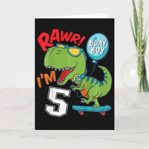 Tarjeta Cumpleaños 5 niños niño de 5 años T-rex monopatín