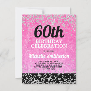 Tarjeta Cumpleaños 60 Adulto Brillo Plateado Rosa Negro