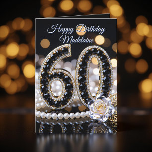 Tarjeta Cumpleaños 60 Black Gems White Rose y Perlas