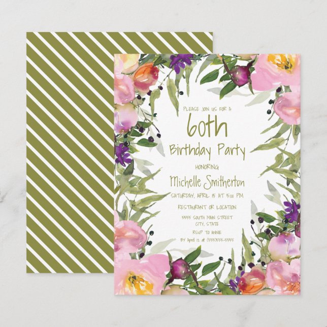 Tarjeta Cumpleaños 60 con flores rosadas y púrpura Hojas v (Anverso / Reverso)