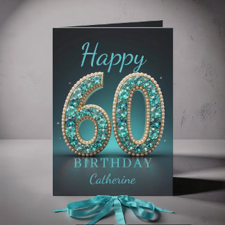 Tarjeta Cumpleaños 60 Glam Diamante Perla Teal Felicitació