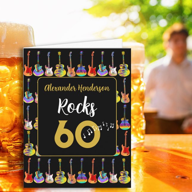 Tarjeta Cumpleaños 60 Guitarra de Rock and Roll agregar No (Cool 60th birthday rock and roll guitar black and gold personalized greeting card)