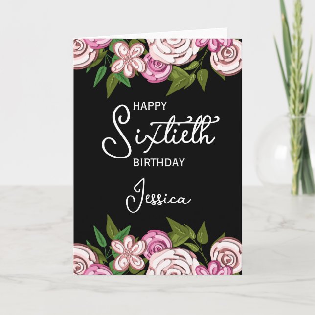 Tarjeta Cumpleaños 60 Negro Floral Rosa (Anverso)