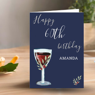 Tarjeta Cumpleaños 60 Rojo Vino Rosa Acuarela Azul Marino