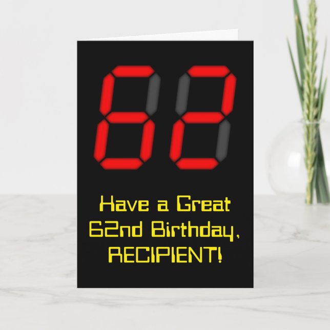 Tarjeta Cumpleaños 62: Estilo reloj digital rojo "62" + No (Anverso)